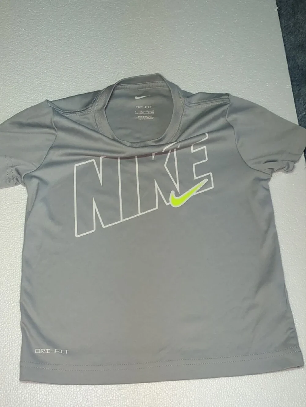 Nike Kids Light Gray Short Sleeve Dri-FIT Tee with Neon Swoosh 6T